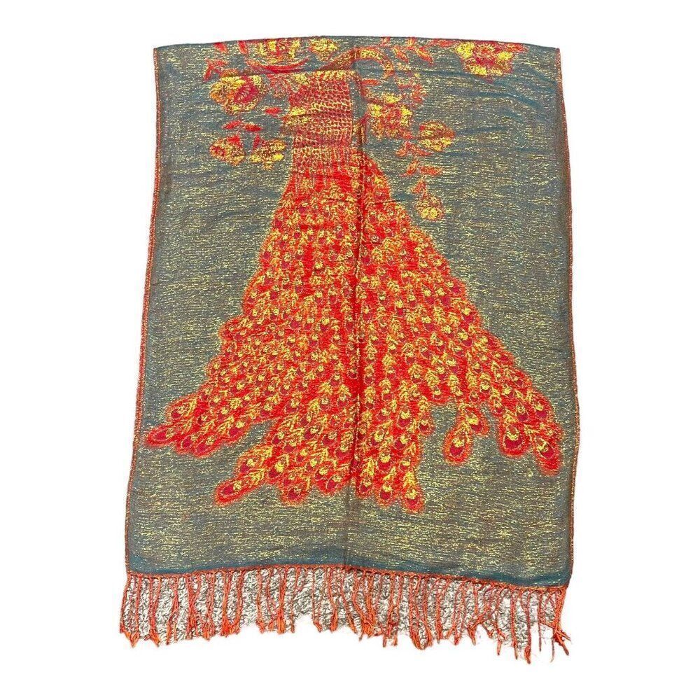 Vintage Green Red Gold Peacock Large Shawl Scarf 27”x70” Fringed Christmas